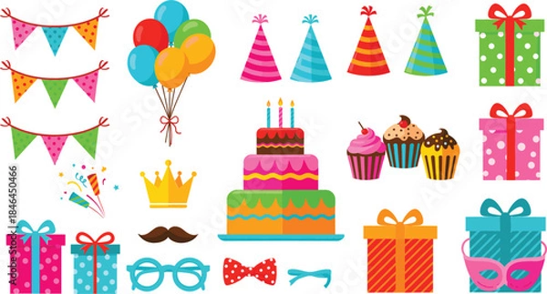 Fototapeta  Colorful birthday party celebration icon set with cake gifts balloons bunting flags cupcakes and party hats in flat style for anniversary events and greeting cards.