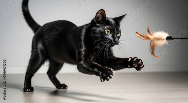 Obraz Sleek black cat leaping to catch a feather toy Feline Pet Playful Hunter Action Cute