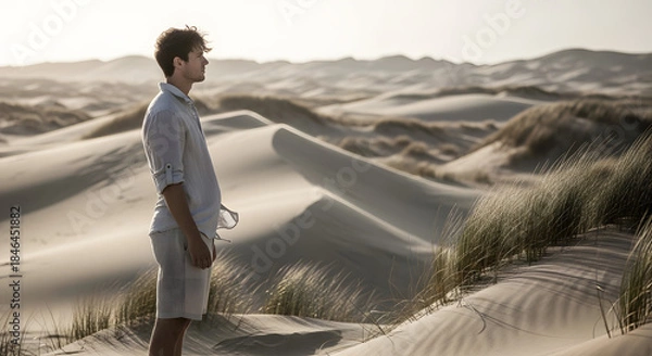 Obraz Thoughtful man observing serene desert landscape at golden hour Desert Dunes Man Contemplation Travel Nature