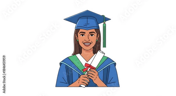 Obraz Smiling female graduate holding diploma in cap and gown education success achievement university ceremony vector