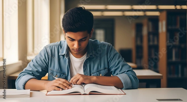 Obraz Diligent male student engrossed in reading a textbook in library education study knowledge concentration campus university