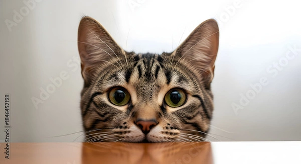 Obraz Curious tabby cat peeking playfully with bright green eyes Cat Pet Feline Adorable Watchful Home Portrait