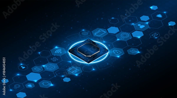 Obraz Microchip processor circuit board technology on dark blue background. Information Processing Concept. Circuit board hi-tech technology background. vector illustration