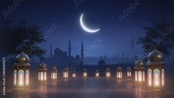 Obraz A Serene Night of Celebration: A breathtaking nightscape featuring an illuminated crescent moon casting a soft glow over a line of lanterns and silhouette of buildings.