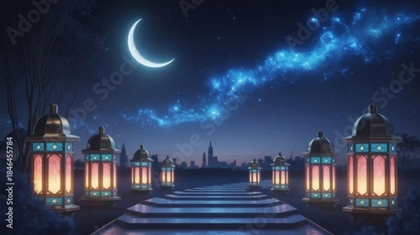 Obraz Nighttime Celebration: A mystical night scene with illuminated lanterns, a crescent moon, and a starry sky, offering a sense of peace, celebration, and reflection.