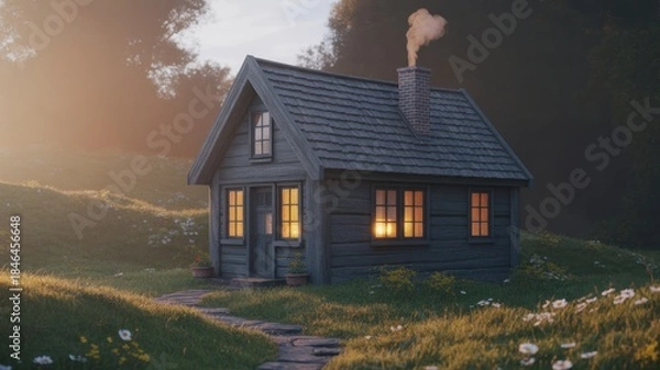 Obraz Cozy Cottage at Sunset: A quaint cottage nestled amidst lush greenery and bathed in the warm embrace of the setting sun, offering a scene of tranquility and idyllic living. 