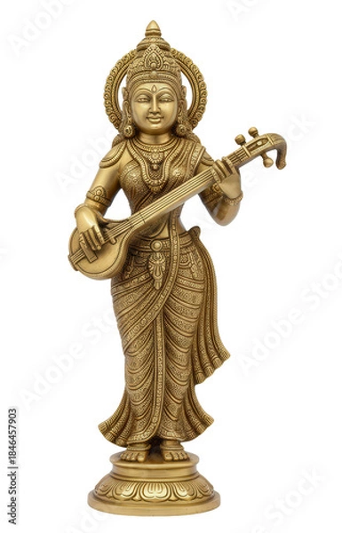 Obraz Golden brass statue of Goddess Saraswati playing the Veena, representing knowledge, music, arts, and wisdom.