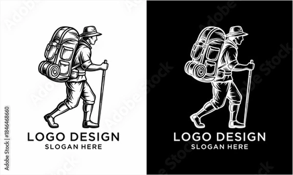 Fototapeta Vintage Hand Drawn Illustration of a Hiker with Backpack and Walking Stick, Perfect for Outdoor Adventure Logos and Emblems.