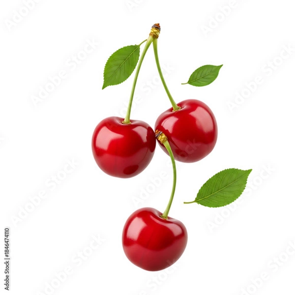 Obraz Fresh red cherries with vibrant green stems and leaves a delicious and healthy fruit isolated on transparent background
