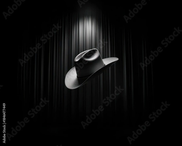 Fototapeta Black Cowboy Hat Centered On Stage With Spotlight And Dark Curtains Background