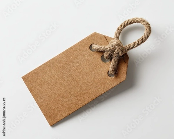Fototapeta Blank Textured Brown Paper Price Tag With Rope Hanger Isolated On White Studio Background