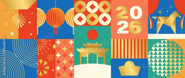 Fototapeta Happy Chinese New Year 2026 Year of the Horse vector geometric illustration with red gold green color blocks lantern patterns. Design for greeting cards posters banners packaging and background.