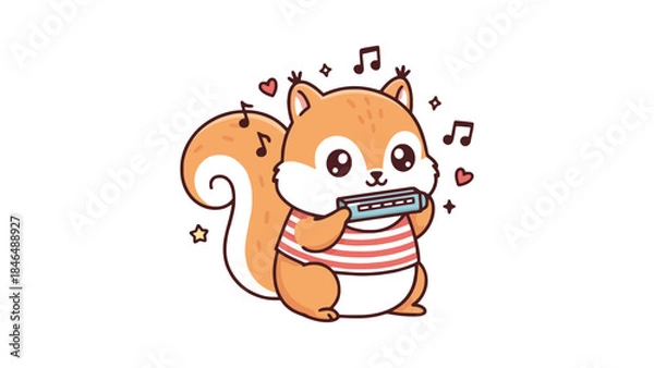 Obraz Cute cartoon squirrel playing harmonica with music notes and hearts