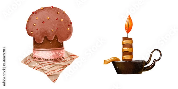 Obraz Easter cake  and candle. hand drawn spring illustration on isolated background