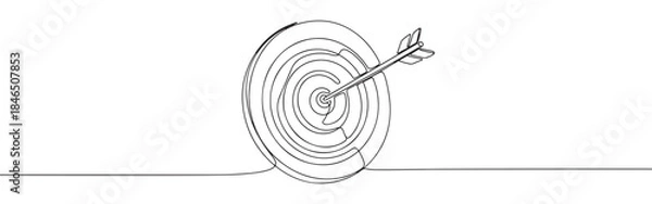 Obraz Continuous one line drawing of an arrow hitting a target. Vector illustration of bullseye goal success isolated on white background. Minimalist business concept