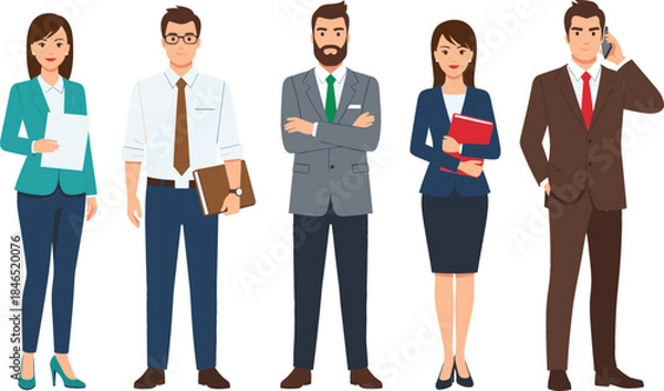 Fototapeta Professional business people character set featuring office workers in formal suits and corporate attire for leadership teamwork recruitment and company website design.