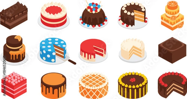 Fototapeta  Isometric delicious cake collection featuring chocolate red velvet carrot and fruit cakes with cream frosting for bakery menu cafe and birthday party design.