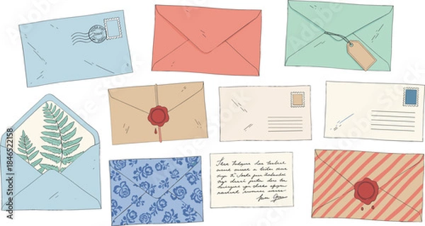 Fototapeta Vintage hand drawn envelope set with wax seals stamps and letters including floral patterns and botanical elements for wedding invitations greeting cards and nostalgic mail correspondence design.