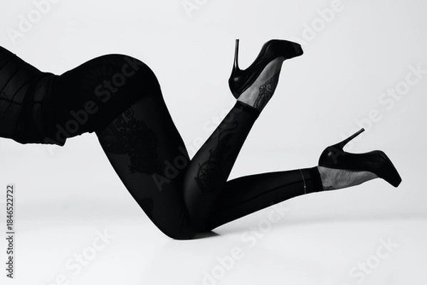 Fototapeta Elegant black high heels and patterned tights on a woman's legs in a studio setting