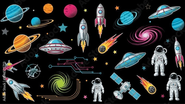 Obraz Modern Retro Halftone Space Sci-Fi Sticker Elements Set on Black Background