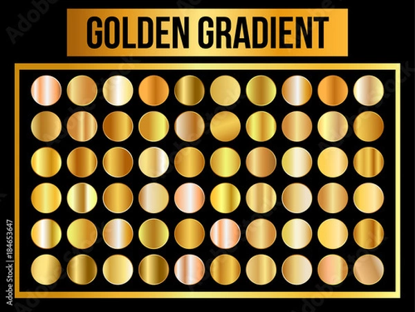 Fototapeta Big collection of round gold gradient. Set of metallic glare. Vector illustration