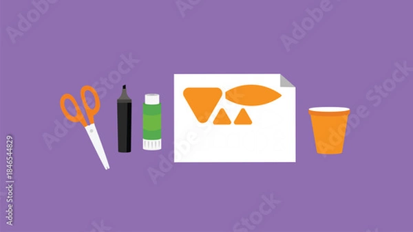 Fototapeta Illustration of a set of stationery objects on a purple background
