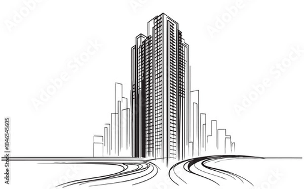 Fototapeta abstract line sketch high-rise building on white background