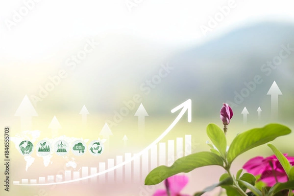 Obraz Soft nature background with ESG Investment Growth : Sustainable Bar Chart with Violet flower and Global Earth Icon