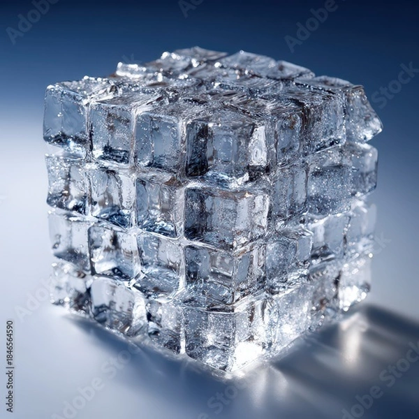 Obraz A Translucent Ice Cube Cube Formed From Many Smaller Cubes With Subtle Shimmering Light Reflections