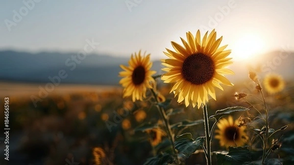 Obraz Sunset blooming sunflowers in field