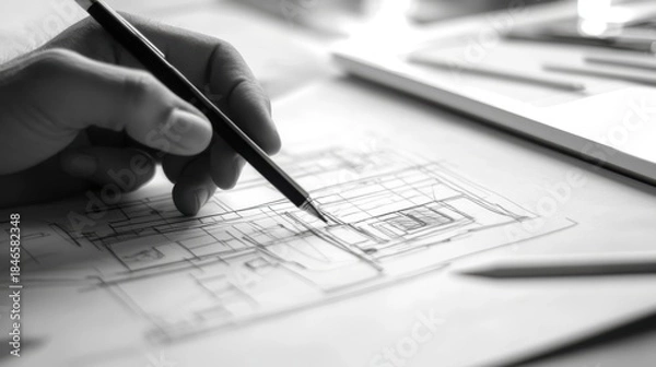 Obraz Architectural draftsmanship: Hand crafting blueprint with pencil precision
