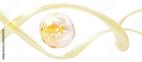 Obraz Gold liquid gel texture with oil bubble, wave and splash. Cosmetic skin care background. Fluid flow and yellow drop with molecule. Collagen serum, retinol vitamin, hyaluronic essence