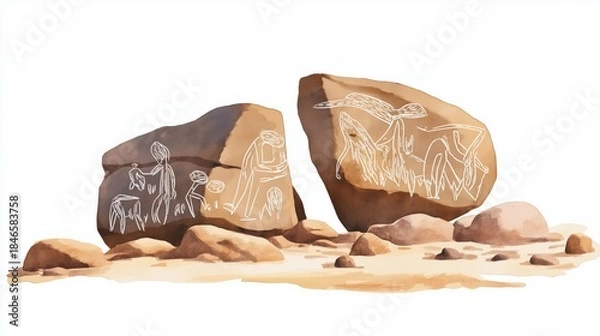 Obraz Sahara Rock Art. Sahara Rock Art hand drawn watercolor illustration on white background