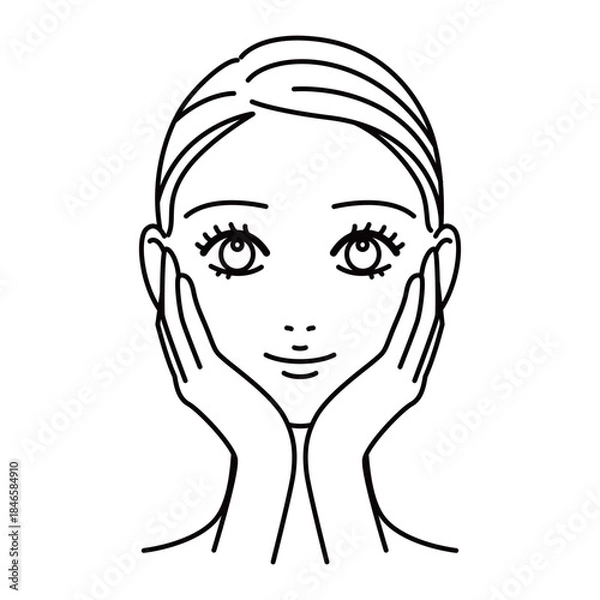 Obraz ハンドプレスをする女性　美容　スキンケア　線画イラスト