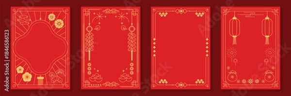 Fototapeta Chinese New Year 2026 vector decorative frame set with red and gold line art. Elegant oriental border design for greeting card poster invitation packaging and background.
