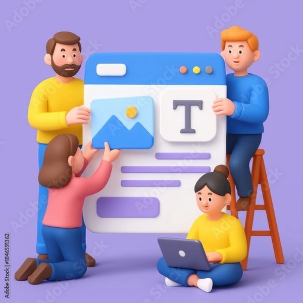 Obraz Collaborative digital interface design with a team of developers and a ladder