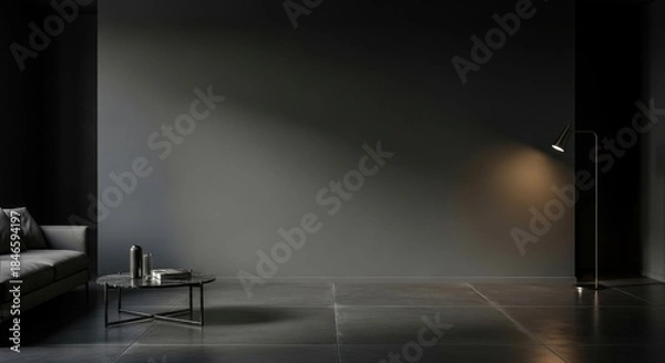 Obraz Monochrome interior design with a spotlight, couch and decorative table, evokes tranquility