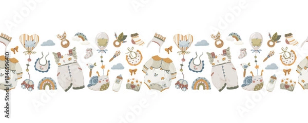 Fototapeta Baby and nature border set, hand-drawn vector horizontal seamless dividers with mountains, clothes, numbers, and strollers in neutral boho style for kids’ design and textile.