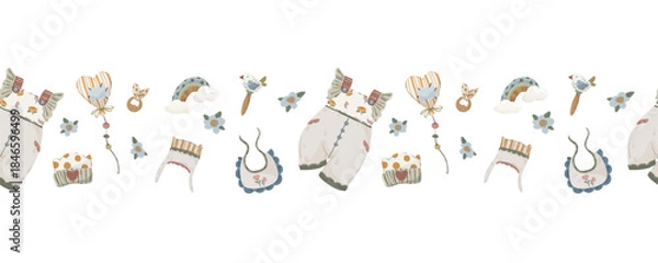 Fototapeta Newborn baby objects seamless border, hand-drawn vector horizontal divider with rompers, bibs, bonnets, and rainbow for baby announcement cards and banners.