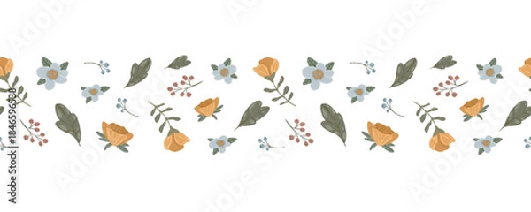 Fototapeta Wildflower seamless border, hand-drawn vector horizontal divider with scattered flowers, leaves, and berries for wedding stationery and feminine design.