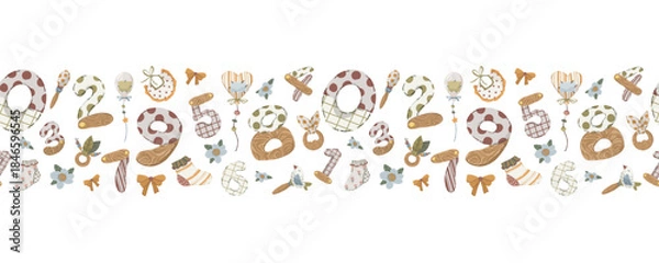 Fototapeta Numbers and toys seamless border, hand-drawn vector horizontal divider with stylized digits and rattles for birthday banners and educational kids’ design.