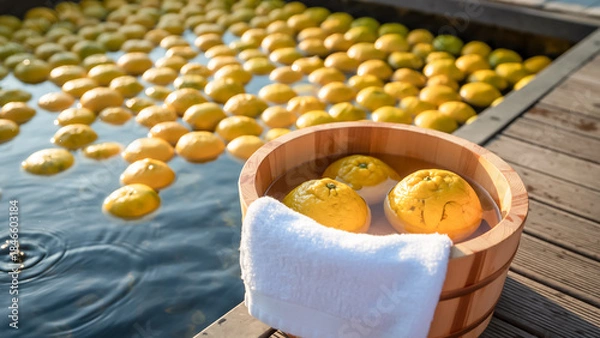 Obraz 日本の温泉で湯船一面に浮かぶ柚子と手前の木桶に入ったタオルと果実