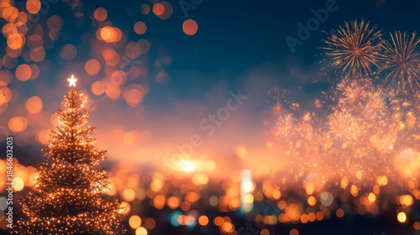 Obraz 夜空に輝く花火と美しいイルミネーションのクリスマスツリーの幻想的な背景