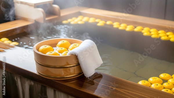 Obraz 湯気の立つ日本の温泉で木製の浴槽に浮かぶ柚子と手前の桶に入った果実とタオル