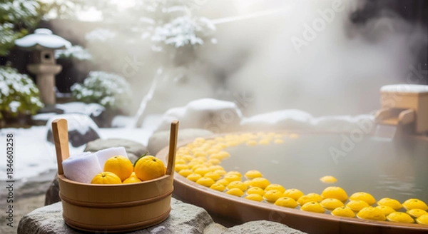 Obraz 雪景色の広がる日本の露天風呂で湯船に浮かぶたくさんの柚子と手前の桶に入ったタオルと果実