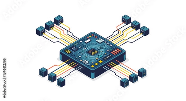 Fototapeta An isometric graphic of a central processing unit connected to multiple data nodes, symbolizing advanced computing, network architecture, and data transfer.