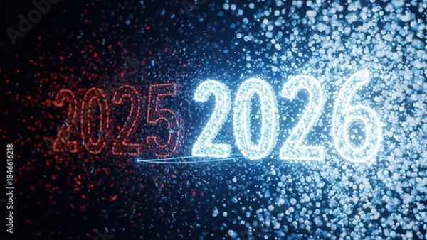 Fototapeta 2026 forming from digital particles replacing old year remnants