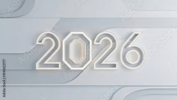 Fototapeta Clean abstract wall with embedded glowing 2026 architecture