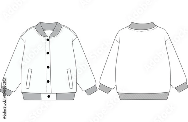 Obraz Classic Varsity Bomber Jacket Vector Template – Front and Back View, Rib Collar and Cuffs