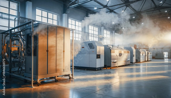 Obraz 工場内で稼働する業務用加湿設備と生産環境管理
